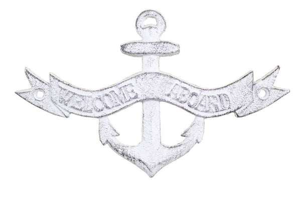 Whitewashed Cast Iron Welcome Aboard Sign 8"