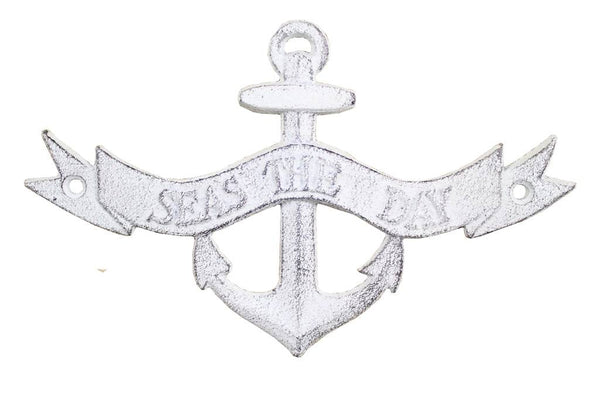 Whitewashed Cast Iron Seas the Day Anchor Sign 8"