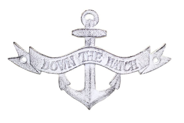 Whitewashed Cast Iron Down the Hatch Sign 8"