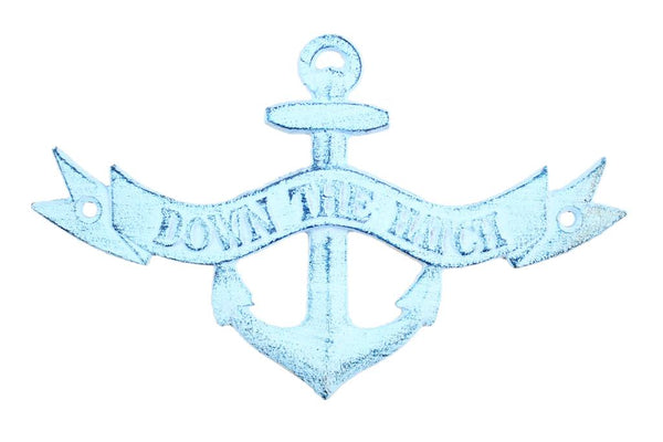 Dark Blue Whitewashed Cast Iron Down the Hatch Sign 8"