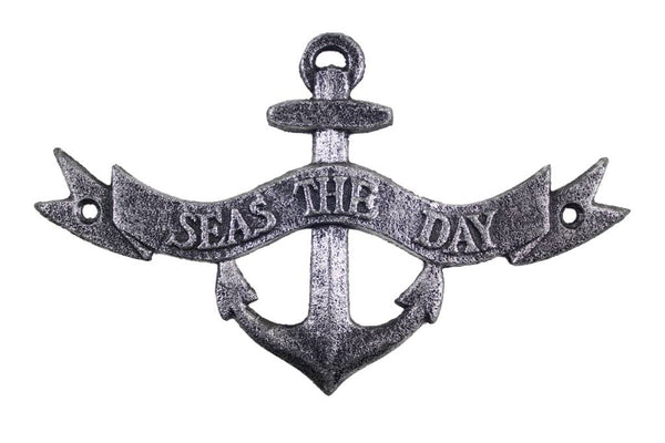 Antique Silver Cast Iron Seas the Day Anchor Sign 8"