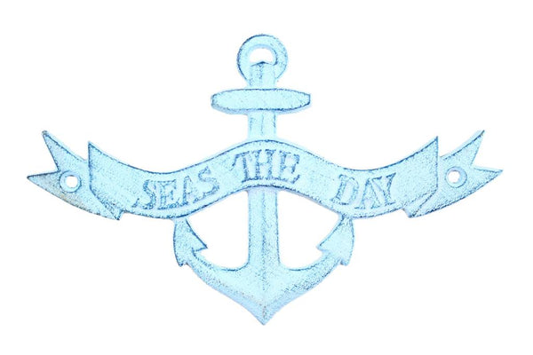Dark Blue Whitewashed Cast Iron Seas the Day Anchor Sign 8"