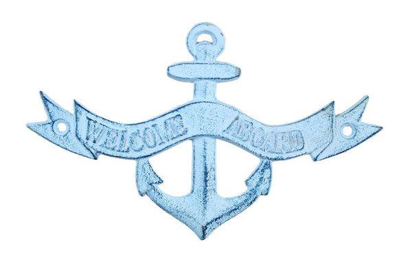 Dark Blue Whitewashed Cast Iron Welcome Aboard Sign 8"