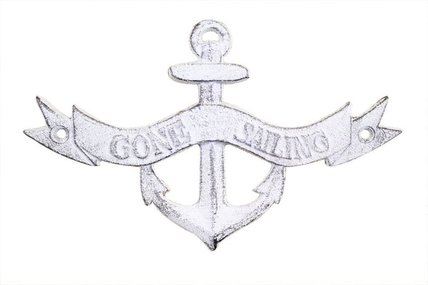 Whitewashed Cast Iron Gone Sailing Anchor Sign 8"