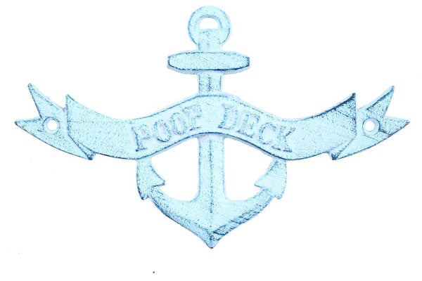 Dark Blue Whitewashed Cast Iron Poop Deck Anchor Sign 8"
