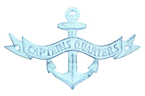 Dark Blue Whitewashed Cast Iron Anchor Captains Quarters Sign 8"