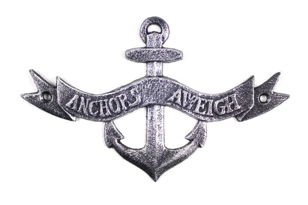 Antique Silver Cast Iron Anchors Aweigh Anchor Sign 8"