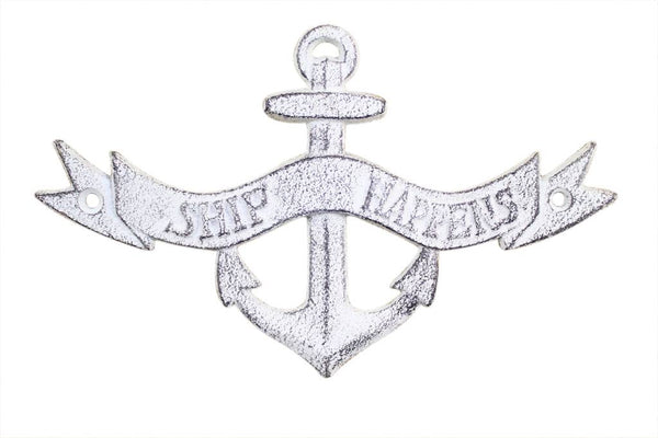 Whitewashed Cast Iron Ship Happens Anchor Sign 8"