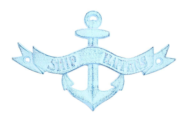 Dark Blue Whitewashed Cast Iron Ship Happens Anchor Sign 8"