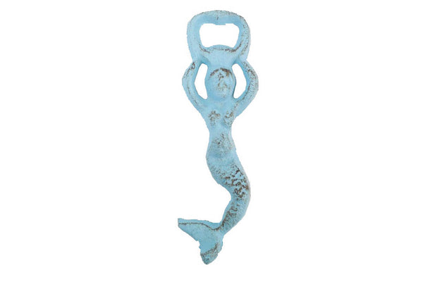 Rustic Light Blue Cast Iron Swimming Mermaid Bottle Opener 7"