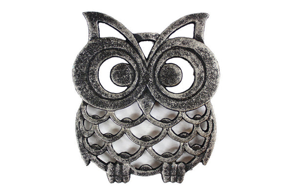 Rustic Silver Cast Iron Owl Trivet 8"