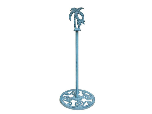 Rustic Dark Blue Whitewashed Cast Iron Palm Tree Extra Toilet Paper Stand 17"