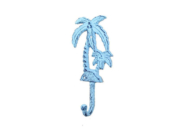 Rustic Dark Blue Whitewashed Cast Iron Palm Tree Hook 7"