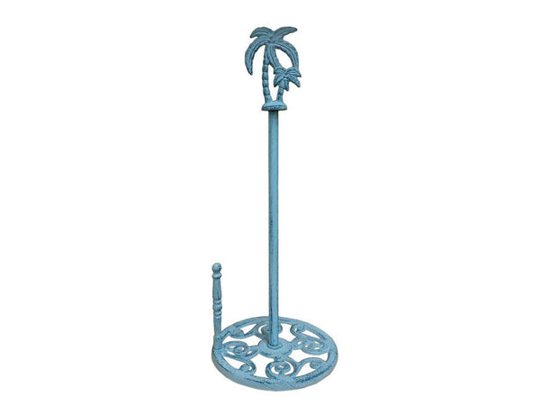 Rustic Dark Blue Whitewashed Cast Iron Palm Tree Paper Towel Holder 17"