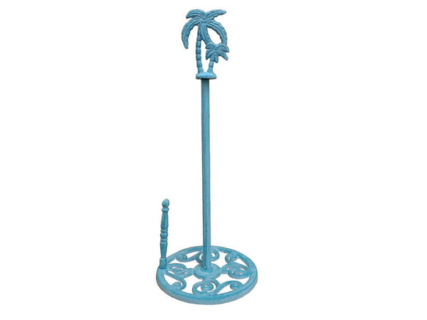 Rustic Light Blue Whitewashed Cast Iron Palm Tree Paper Towel Holder 17"