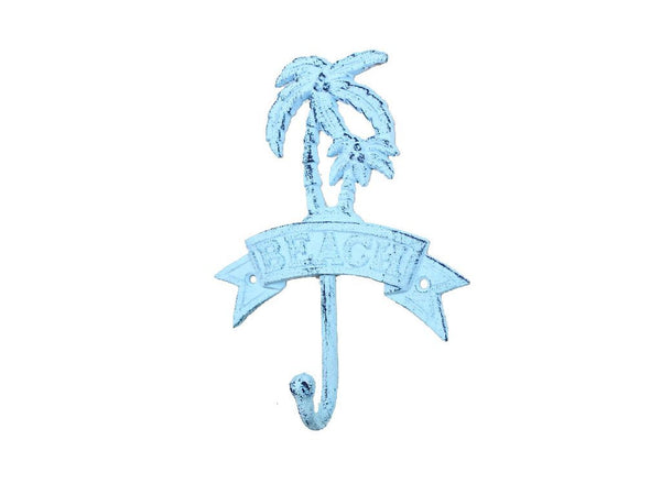 Rustic Dark Blue Whitewashed Cast Iron Palm Tree Beach Hook 8"