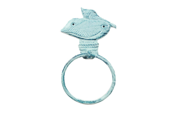 Rustic Dark Blue Whitewashed Cast Iron Pelican on Post Towel Holder 8"