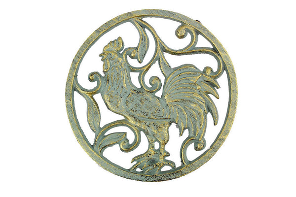 Antique Seaworn Bronze Cast Iron Rooster Trivet 8"