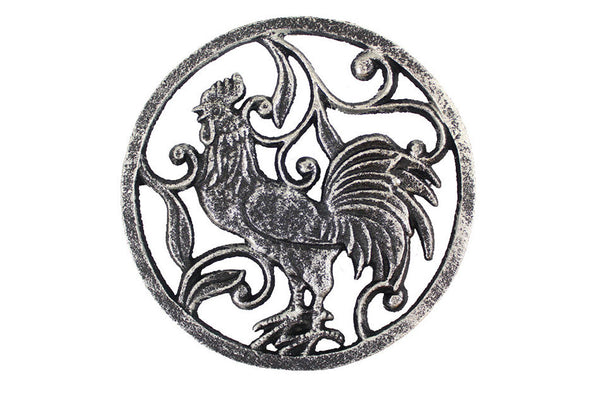 Rustic Silver Cast Iron Rooster Trivet 8"