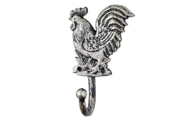 Rustic Silver Cast Iron Rooster Hook 7"