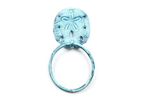 Rustic Dark Blue Whitewashed Cast Iron Sand Dollar Towel Holder 8"