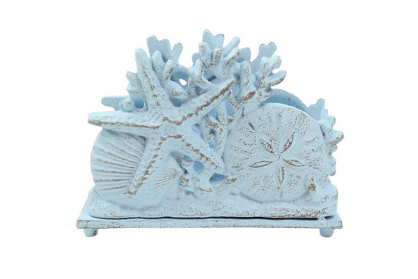 Rustic Light Blue Cast Iron Seashell Napkin Holder 7"