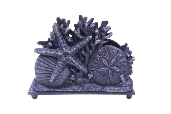 Rustic Dark Blue Cast Iron Seashell Napkin Holder 7"