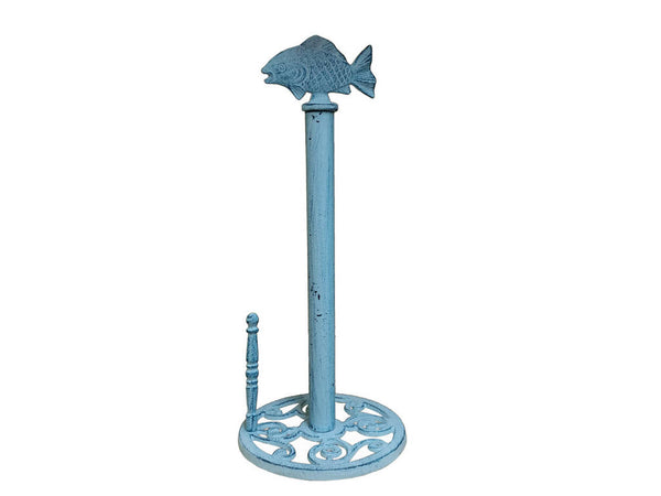 Rustic Dark Blue Whitewashed Cast Iron Fish Paper Towel Holder 15"