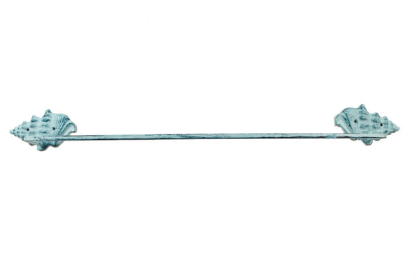 Rustic Dark Blue Whitewashed Cast Iron Conch Shell Bath Towel Holder 28"