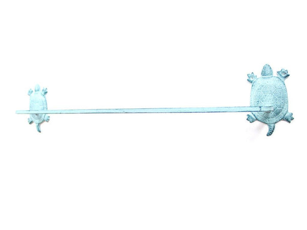 Rustic Dark Blue Whitewashed Cast Iron Decorative Turtle Bath Towel Holder 26"