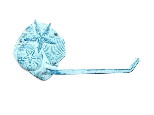 Rustic Dark Blue Whitewashed Cast Iron Shell Sand Dollar Starfish Toilet Paper Holder 10"