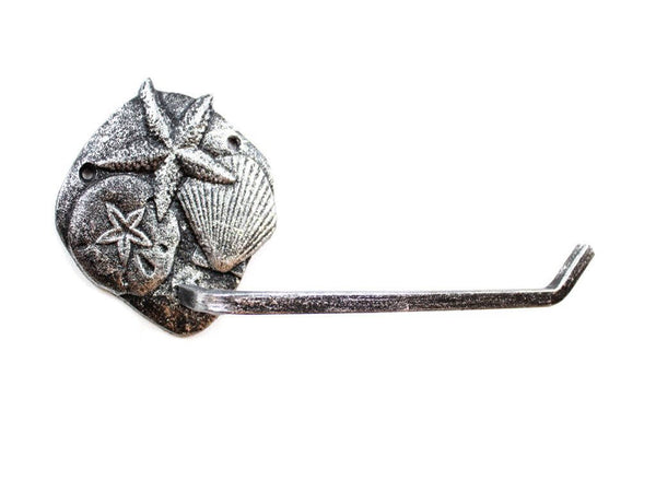 Rustic Silver Cast Iron Shell Sand Dollar Starfish Toilet Paper Holder 10"