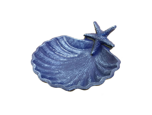 Rustic Dark Blue Cast Iron Shell With Starfish Decorative Bowl 6"