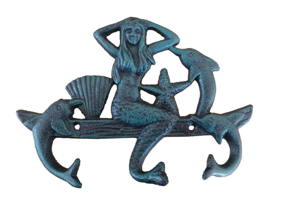 Seaworn Blue Cast Iron Wall Mounted Mermaid with Dolphin Hooks 9"