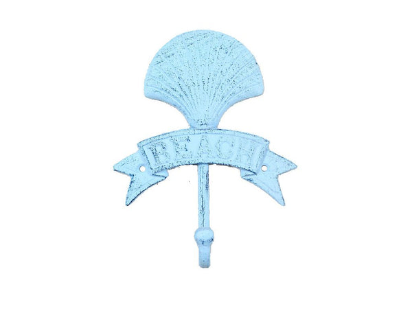 Rustic Dark Blue Whitewashed Cast Iron Seashell Beach Hook 8"
