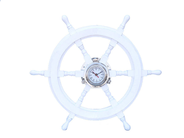 Deluxe Class White Wood and Chrome Pirate Ship Wheel Clock 24"