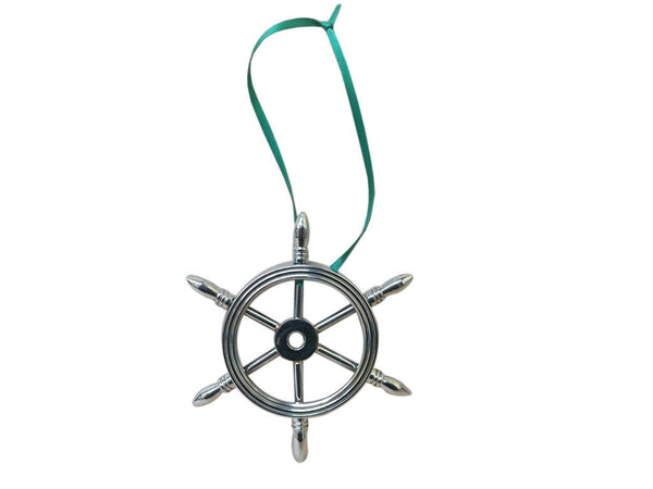 Chrome Ship Wheel Christmas Ornament 6"