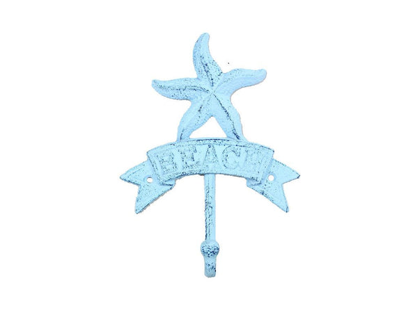 Rustic Dark Blue Whitewashed Cast Iron Starfish Beach Hook 8"