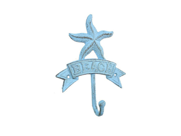 Rustic Light Blue Cast Iron Starfish Beach Hook 8"