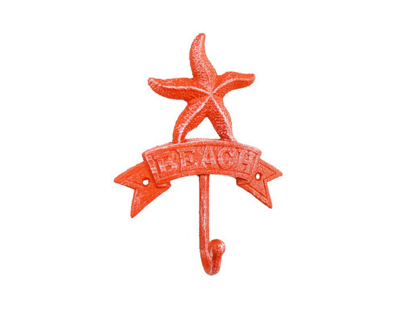 Rustic Red Whitewashed Cast Iron Starfish Beach Hook 8"
