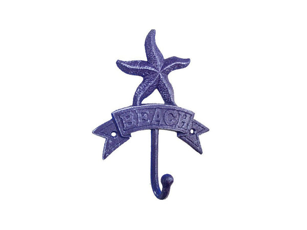 Rustic Dark Blue Cast Iron Starfish Beach Hook 8"