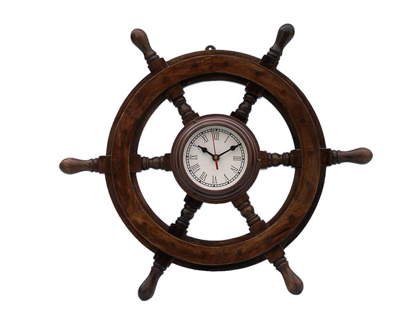 Deluxe Class Wood and Antique Copper Ship Steering Wheel Clock 12"