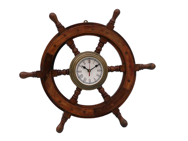 Deluxe Class Wood and Antique Brass Ship Steering Wheel Clock 12"