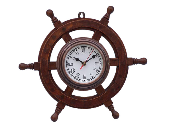 Deluxe Class Wood and Antique Copper Ship Steering Wheel Clock 18"