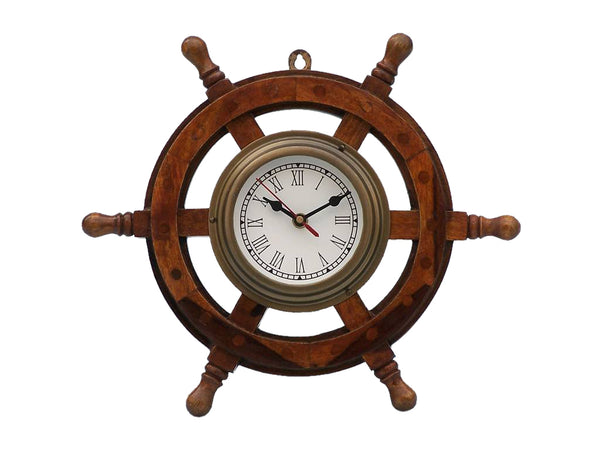 Deluxe Class Wood and Antique Brass Ship Steering Wheel Clock 18"