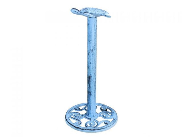 Rustic Dark Blue Whitewashed Cast Iron Sea Turtle Extra Toilet Paper Stand 13"