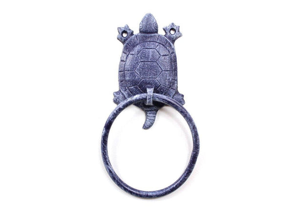 Rustic Dark Blue Cast Iron Turtle Towel Holder 8"