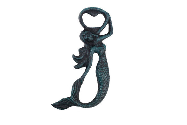 Seaworn Blue Cast Iron Arching Mermaid Bottle Opener 6"