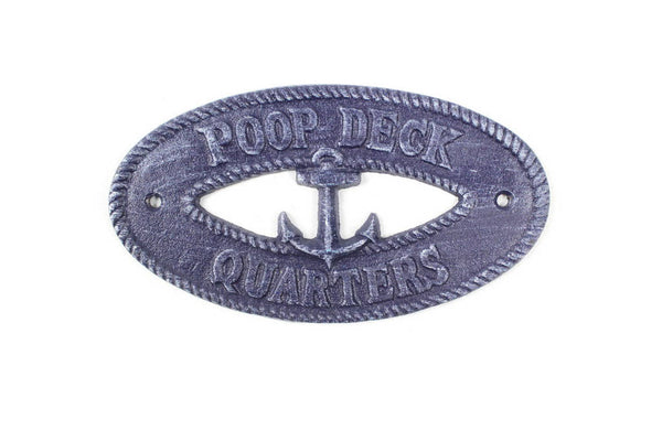 Rustic Dark Blue Cast Iron Poop Deck Quarters with Anchor Sign 8"