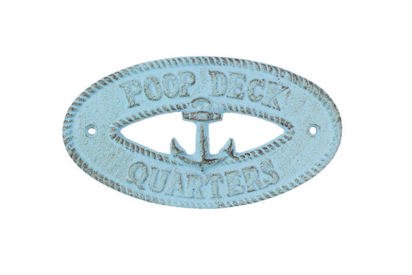 Rustic Light Blue Cast Iron Poop Deck Quarters with Anchor Sign 8"